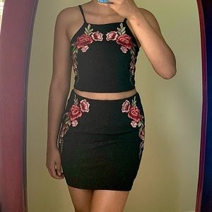 Black Floral Embroidered Two Piece Set